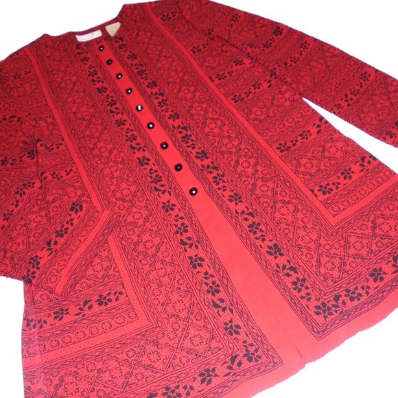 Blouse Long Seeve red black Button-down dressy shirt top wear to work - Picture 2 of 11